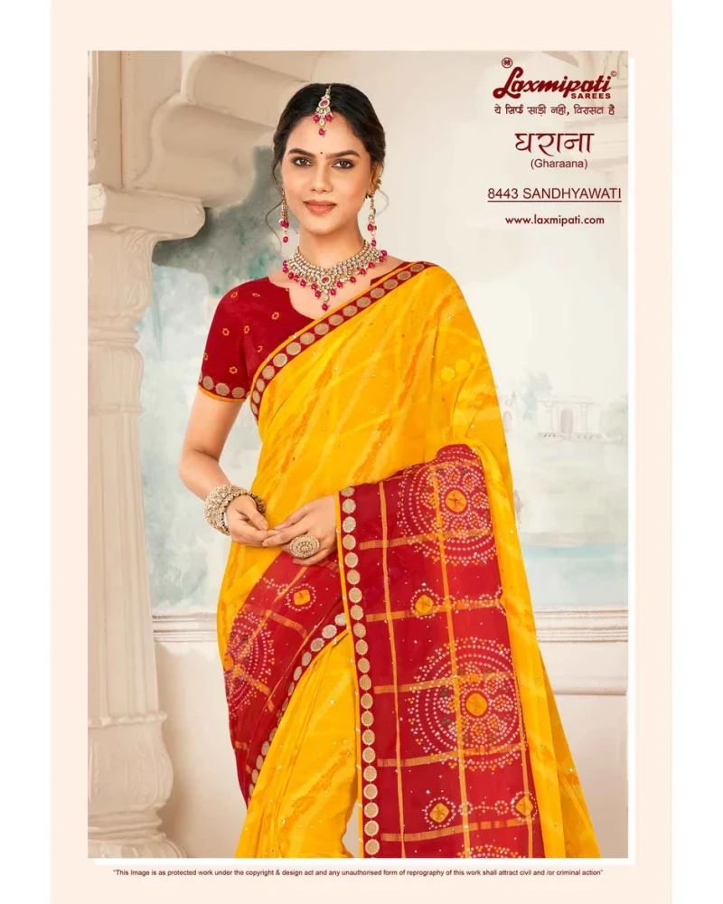 Gharaana 8443 Chiffon Checks Red & Yellow Saree