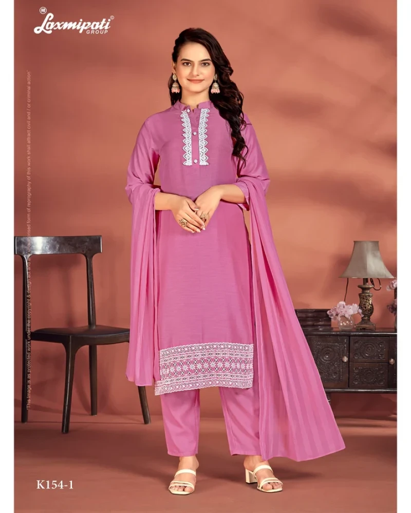 Muslin Base Pink Embroidered Straight Cut Kurti With Pant & Dupatta