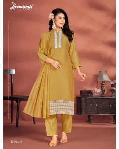 Muslin Base Mustard Embroidered Straight Cut Kurti With Pant & Dupatta