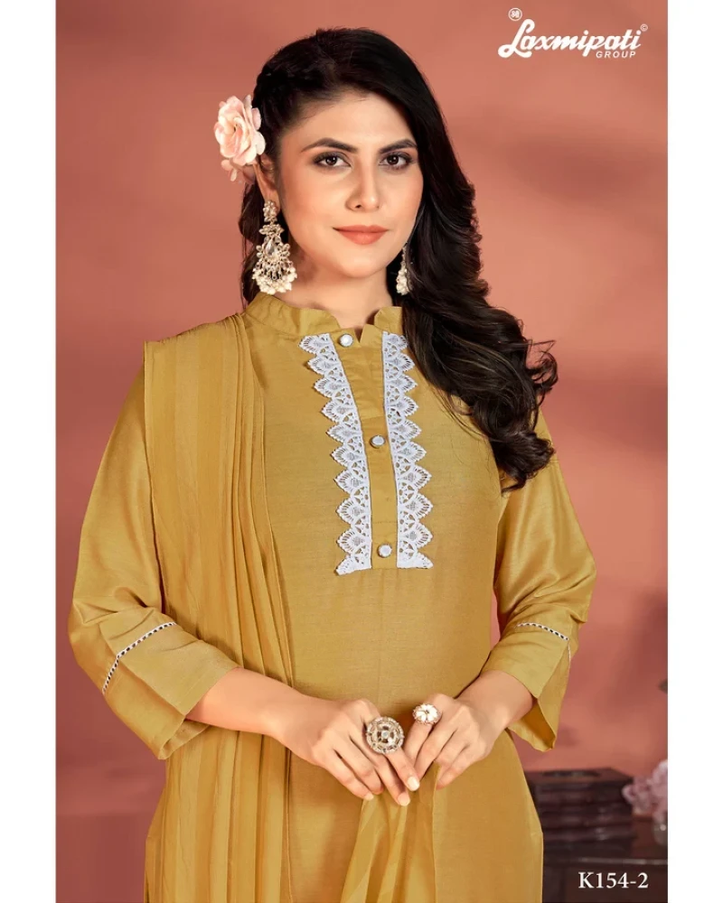 Muslin Base Mustard Embroidered Straight Cut Kurti With Pant & Dupatta