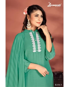 Muslin Base Sea Green Embroidered Straight Cut Kurti With Pant & Dupatta