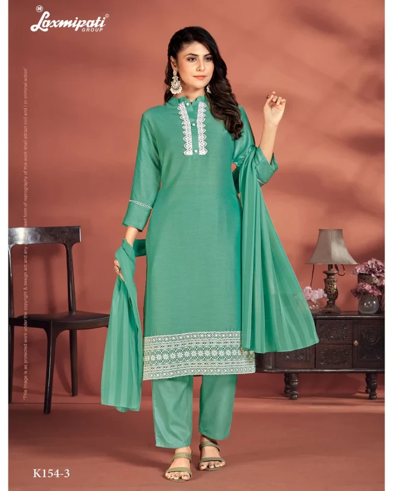 Muslin Base Sea Green Embroidered Straight Cut Kurti With Pant & Dupatta