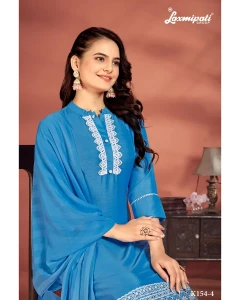 Muslin Base Blue Embroidered Straight Cut Kurti With Pant & Dupatta