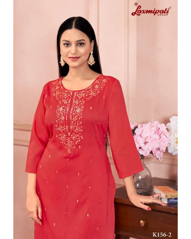 Muslin Base Pink Embroidered Straight Cut Kurti