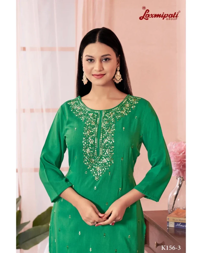 Muslin Base Green Embroidered Straight Cut Kurti