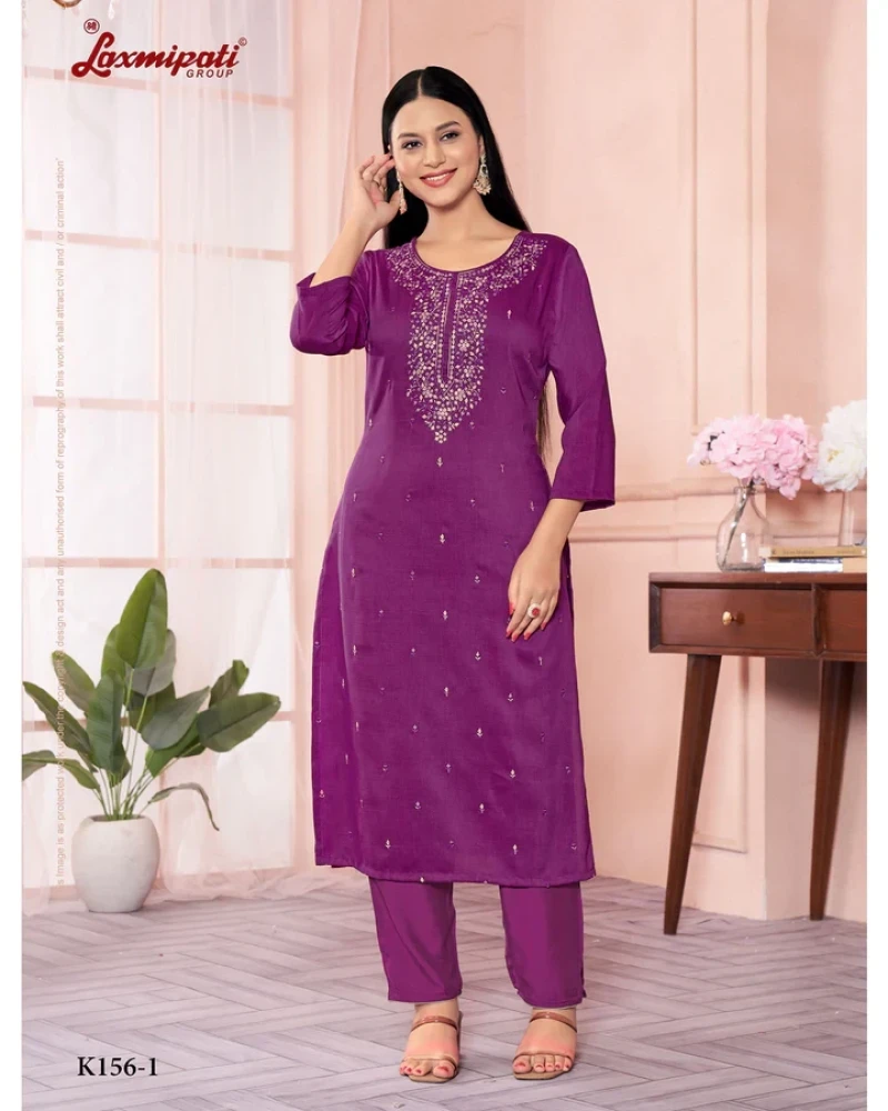 Muslin Base Wine Embroidered Straight Cut Kurti