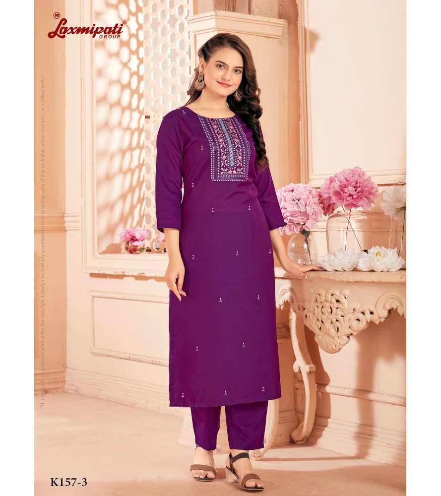 Spun Base Wine Embroidered Straight Cut Kurti