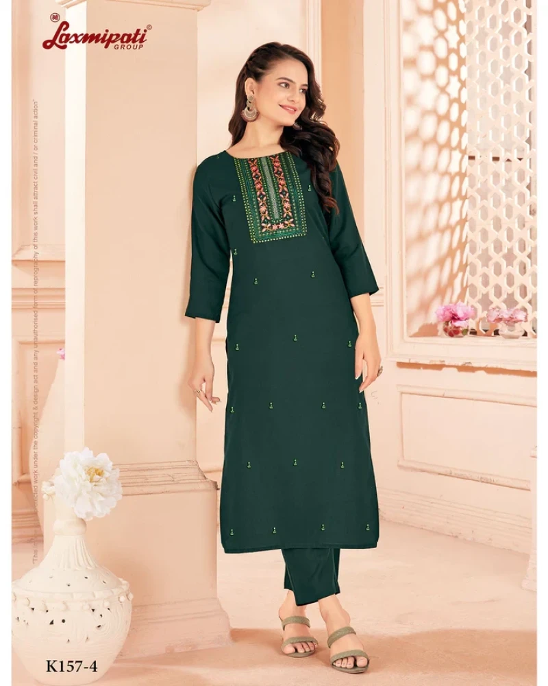 Spun Base Dark Green Embroidered Straight Cut Kurti