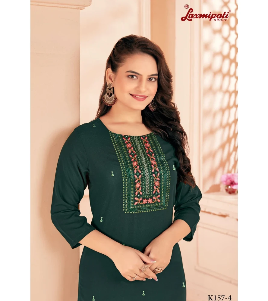 Spun Base Dark Green Embroidered Straight Cut Kurti