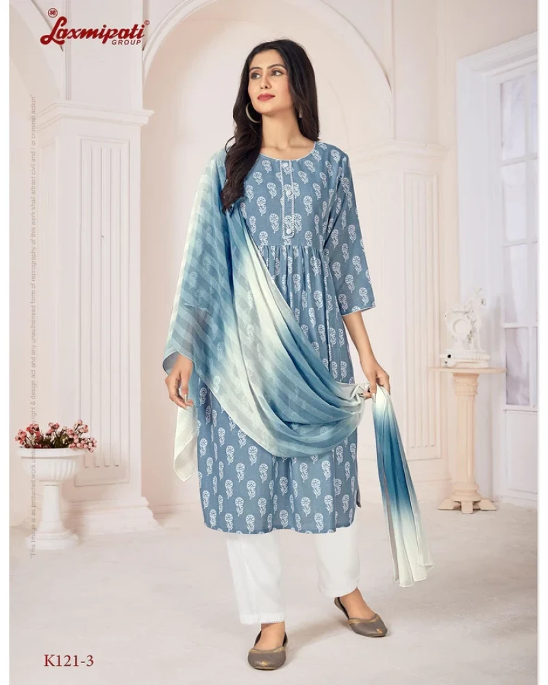 Spun Base Fabric Steel Blue Nayra Cut Kurta With Pant & Dupatta