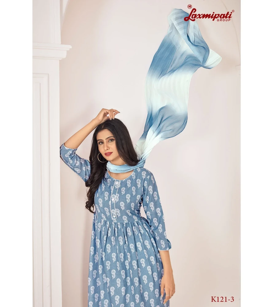 Spun Base Fabric Steel Blue Nayra Cut Kurta With Pant & Dupatta