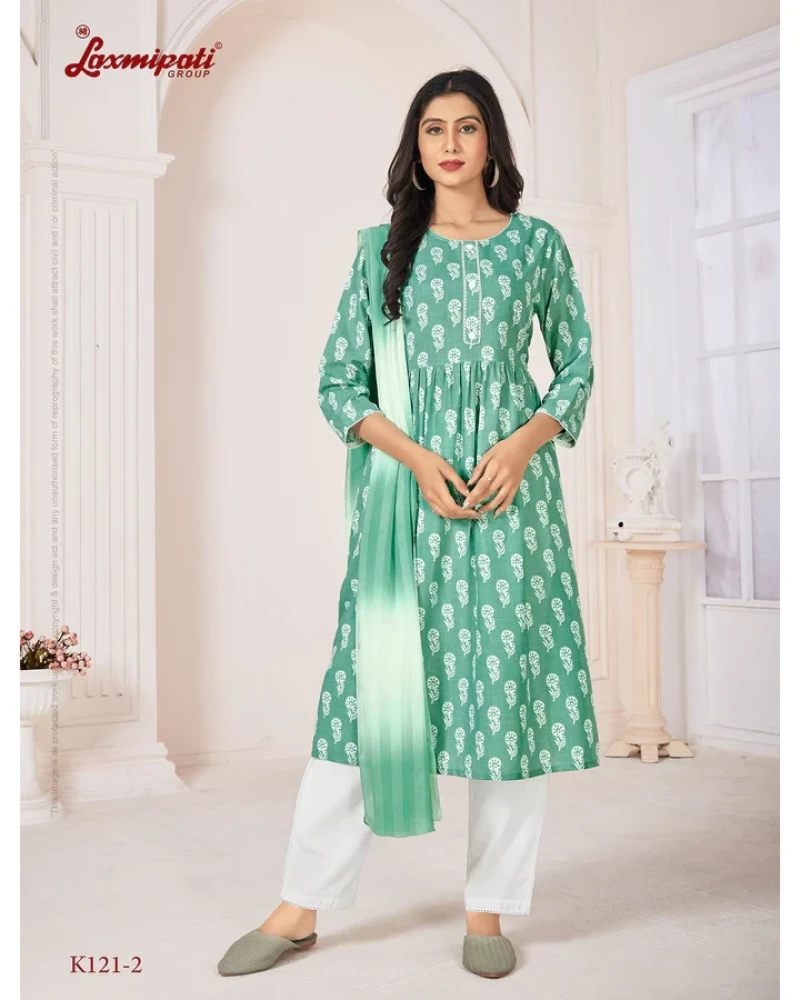 Spun Base Fabric Medium Sea Green Nayra Cut Kurta With Pant & Dupatta