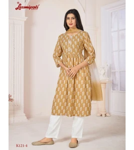 Spun Base Fabric Sand Nayra Cut Kurta With Pant & Dupatta