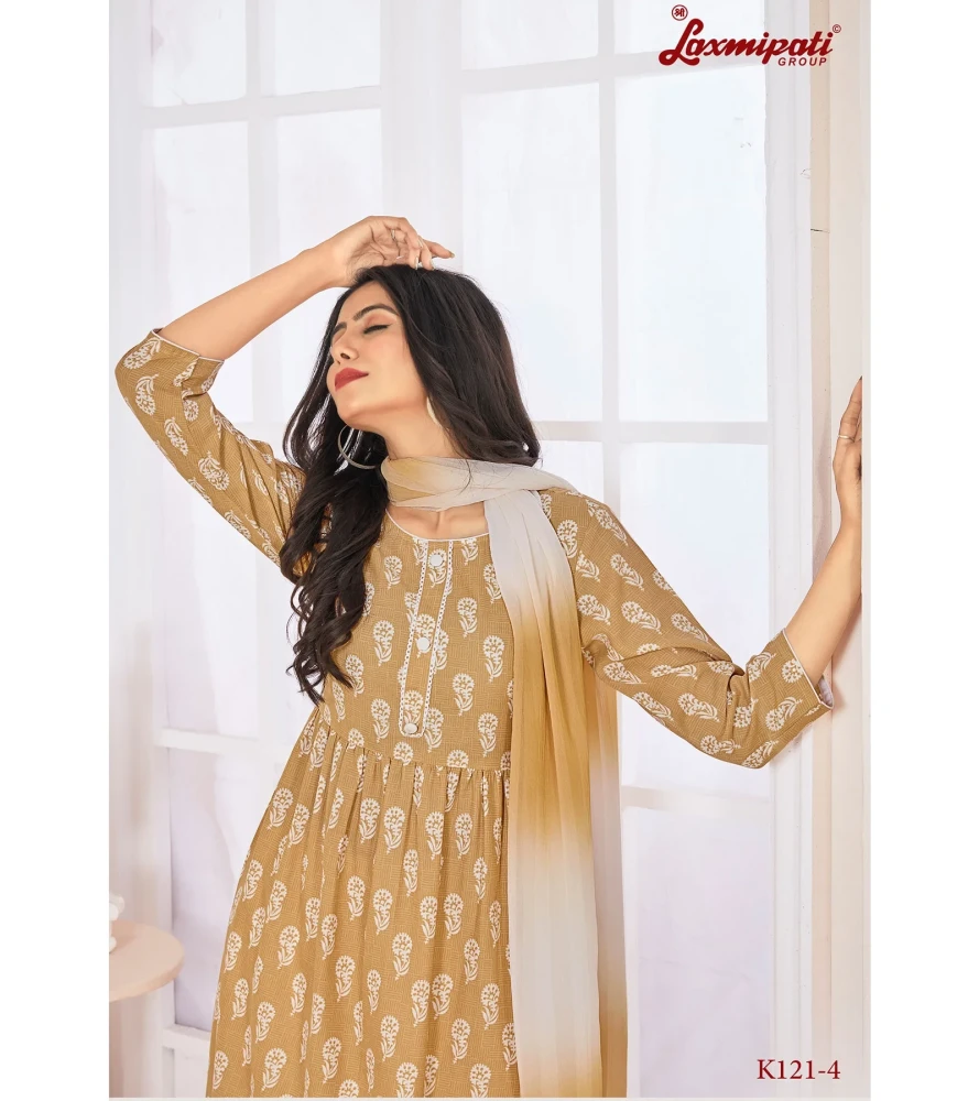 Spun Base Fabric Sand Nayra Cut Kurta With Pant & Dupatta