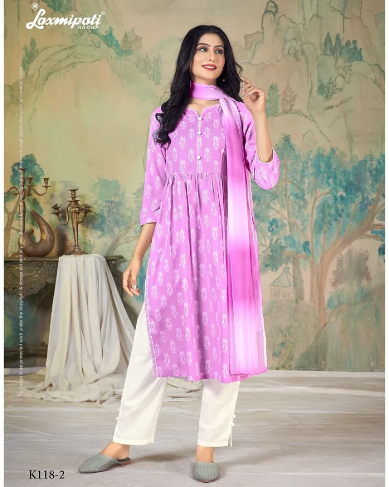 Spun Base Fabric Lavender Nayra Cut Kurta With Pant & Dupatta