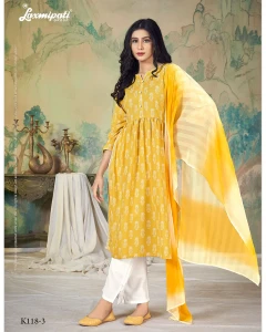 Spun Base Fabric Sunflower Yellow Nayra Cut Kurta With Pant & Dupatta