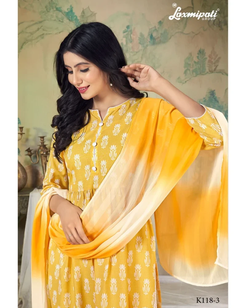 Spun Base Fabric Sunflower Yellow Nayra Cut Kurta With Pant & Dupatta