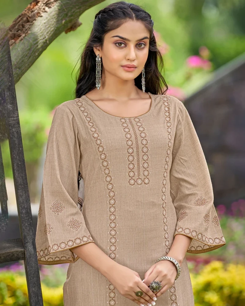 Spun Base Fabric Khaki Straight Cut Kurti With Pant