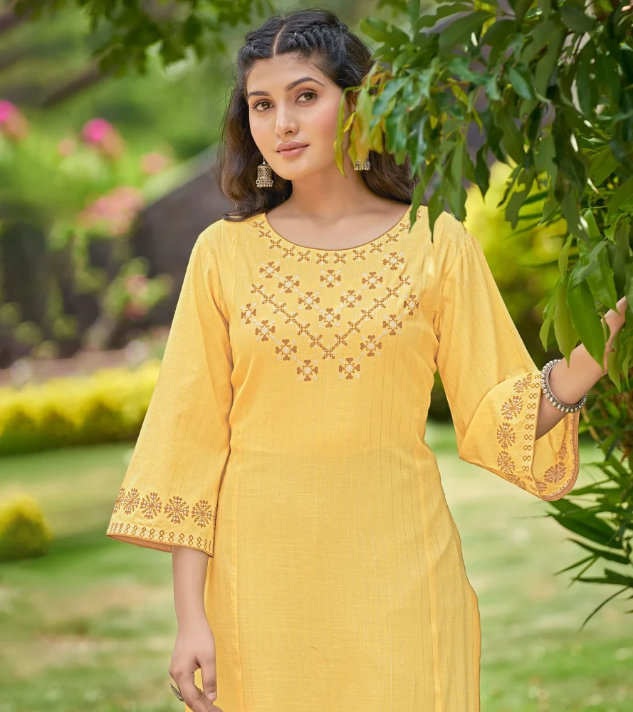 Spun Base Fabric Yellow Straight Cut Kurti With Pant