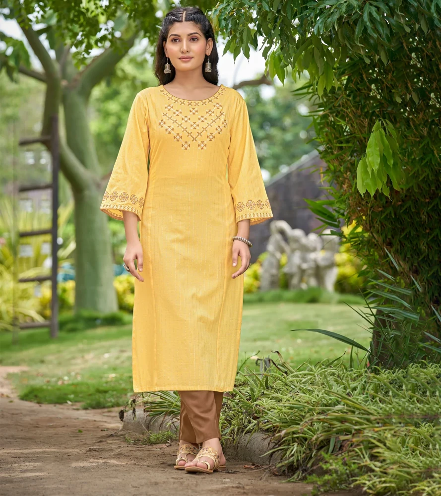 Spun Base Fabric Yellow Straight Cut Kurti With Pant