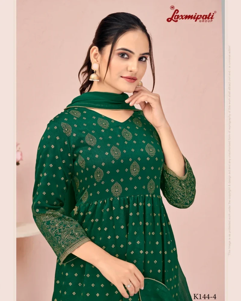 Viscose Jade Green Hand Printed Nyra Cut Kurti, Pant & Dupatta