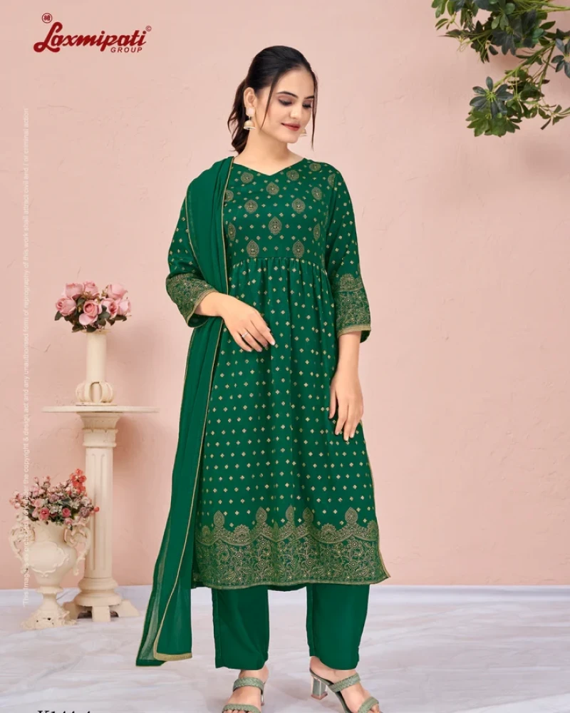 Viscose Jade Green Hand Printed Nyra Cut Kurti, Pant & Dupatta