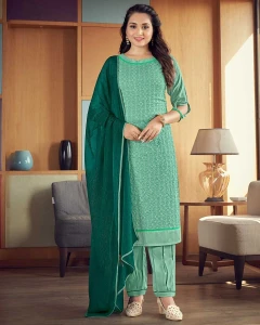 Aqua Green Straight Cut Kurti, Pant & Dupatta