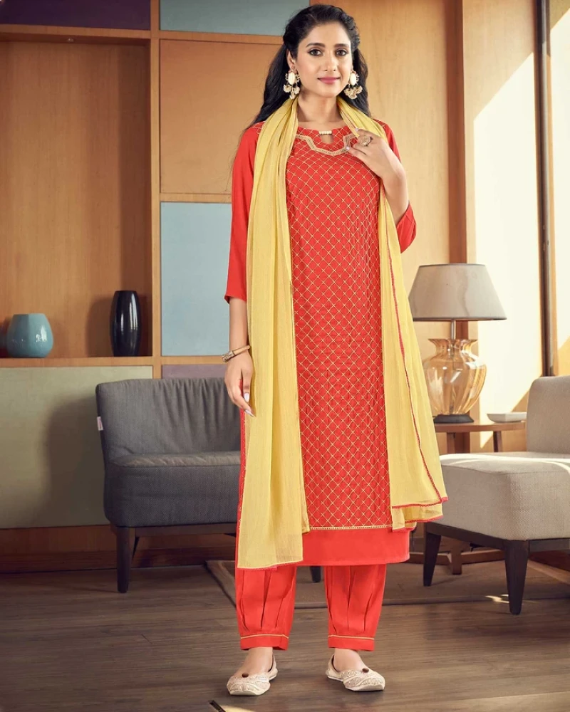 Scarlet Orange Straight Cut Kurti, Pant & Dupatta