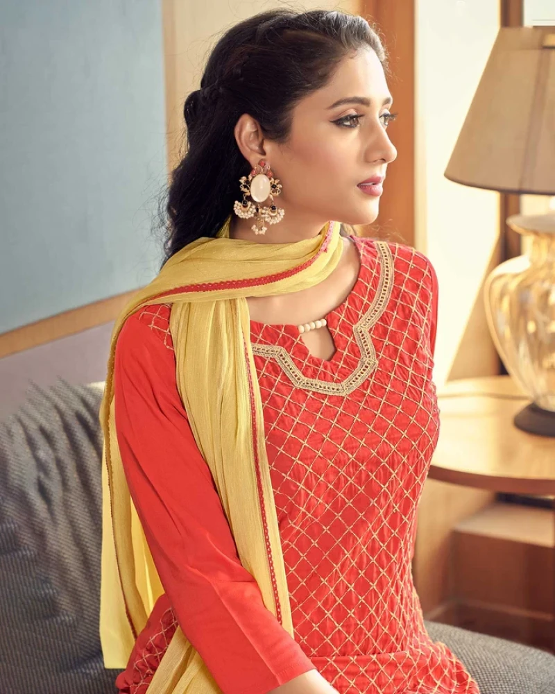 Scarlet Orange Straight Cut Kurti, Pant & Dupatta