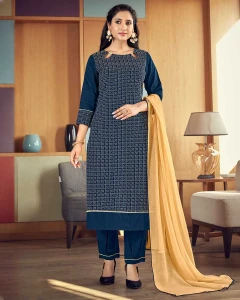 Denim Blue Straight Cut Kurti, Pant & Dupatta