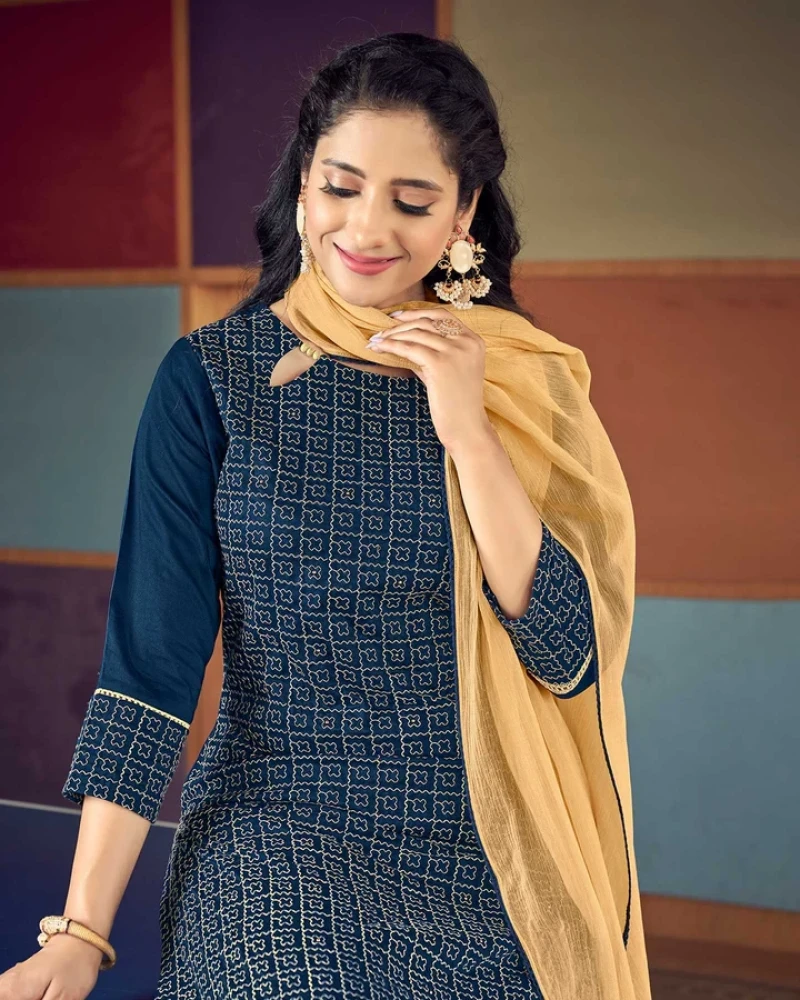 Denim Blue Straight Cut Kurti, Pant & Dupatta