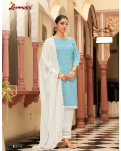 Ishaal Cotton Base Sky Blue Straight Cut Kurti With Pant & Dupatta