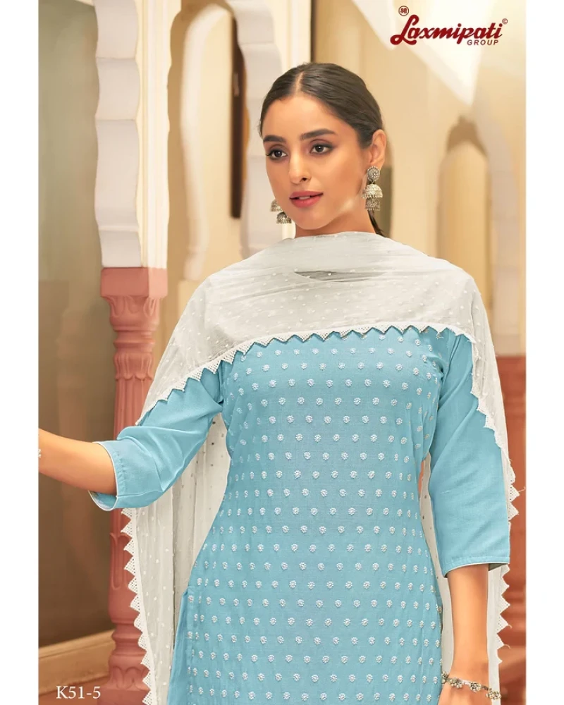 Ishaal Cotton Base Sky Blue Straight Cut Kurti With Pant & Dupatta