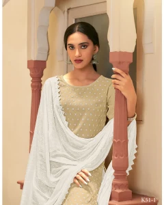 Ishaal Cotton Base Sand Straight Cut Kurti With Pant & Dupatta