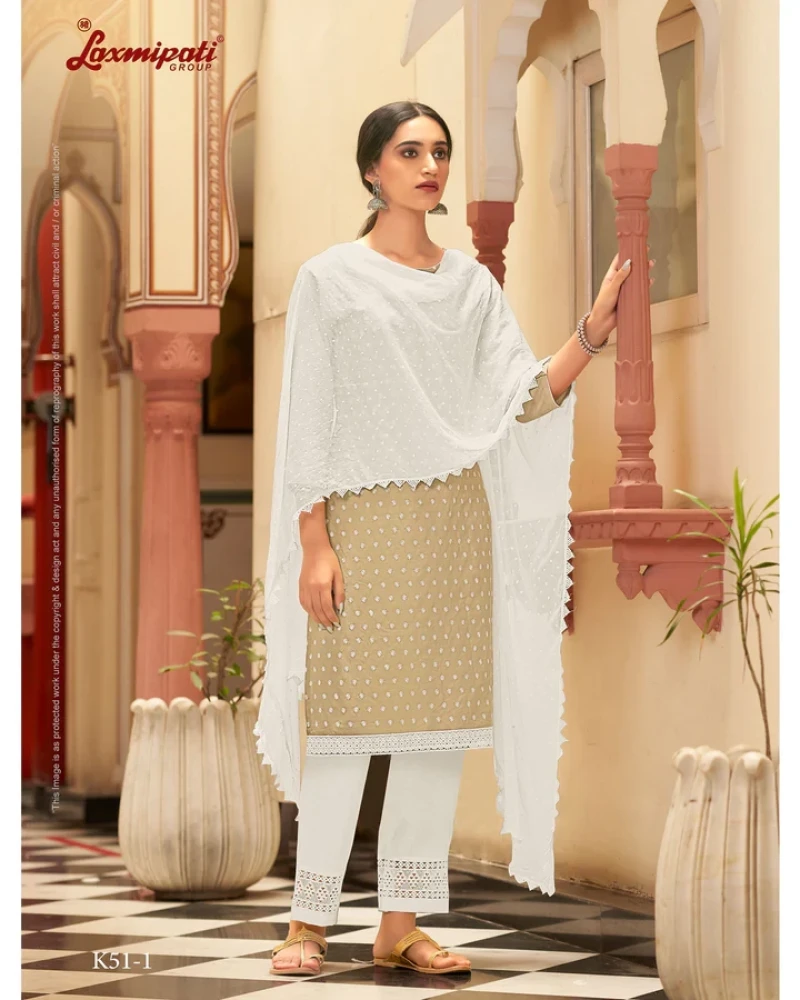 Ishaal Cotton Base Sand Straight Cut Kurti With Pant & Dupatta