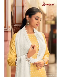 Ishaal Cotton Base Yellow Straight Cut Kurti With Pant & Dupatta