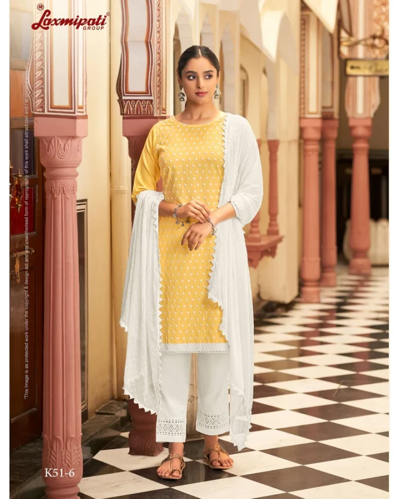 Ishaal Cotton Base Yellow Straight Cut Kurti With Pant & Dupatta