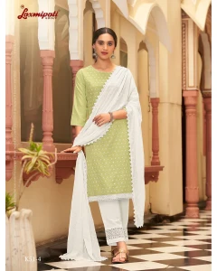 Ishaal Cotton Base Light Green Straight Cut Kurti With Pant & Dupatta