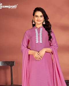 Muslin Base Pink Embroidered Straight Cut Kurti With Pant & Dupatta