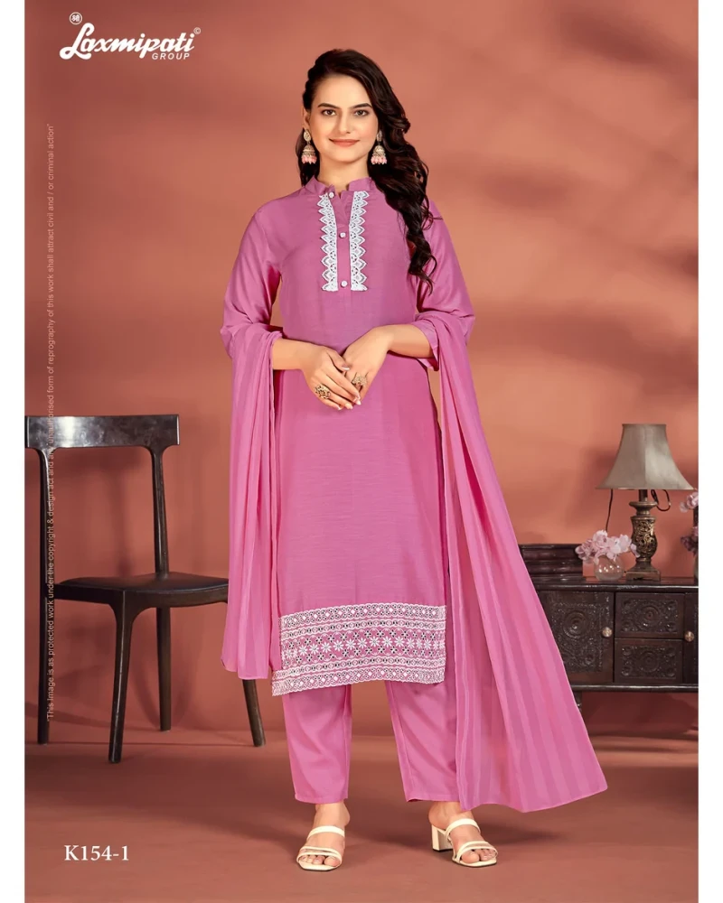 Muslin Base Pink Embroidered Straight Cut Kurti With Pant & Dupatta