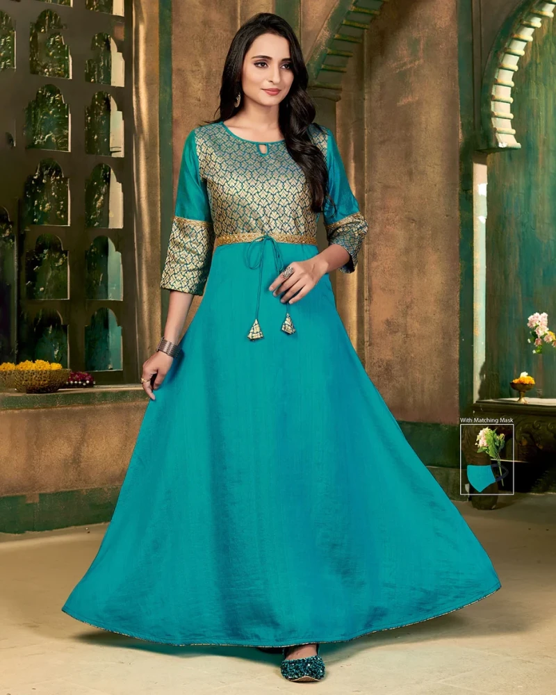 Sunny Silk With Brocade Rama Blue Flared Gown With Mask