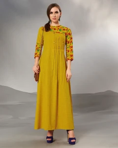 Textured Cotton Mustard Yellow Pintucks with fair,Full length Gown with 3/4 sleeve & Mask