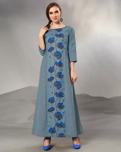 Textured Cotton grayish blue, Cross Pintucks Full length Gown with 3/4 sleeve & Mask