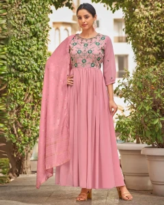 Baby Georgette Rose Pink Sequence Embroidery Full Length Georgette Gown With Fancy Viscoss Duppata