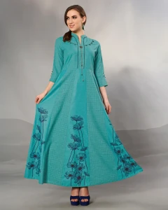 Textured Cotton Greenish Blue kali Pattern Gown with 3/4 sleeve & Mask