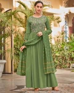 Baby Georgette Fern Green Sequence Embroidery Full Length Georgette Gown With Fancy Viscoss Duppata