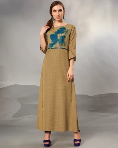 Textured Cotton Neutral Brown Full length Gown with 3/4 sleeve & Mask