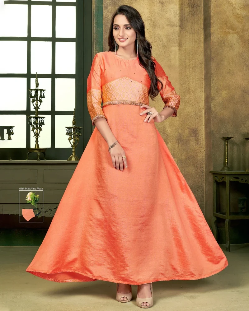 Sunny Silk With Brocade Dazzling Peach Flared Gown With Mask