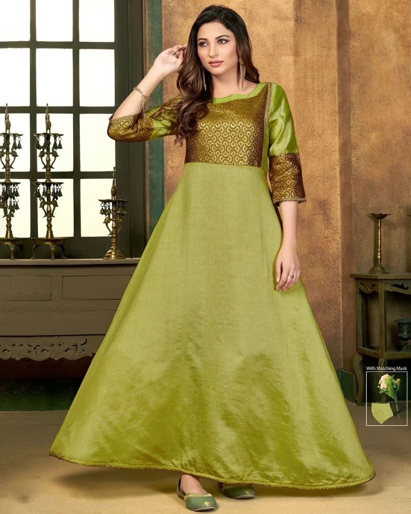 Sunny Silk With Brocade Parrot Green Flared Gown With Mask