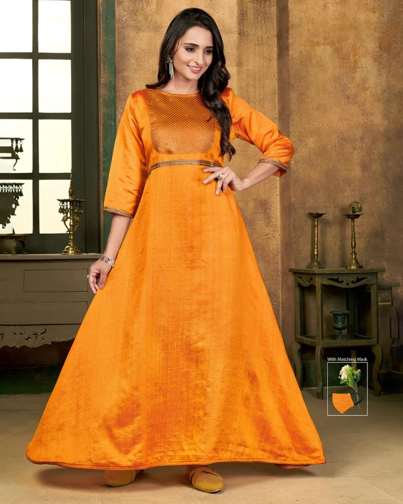 Sunny Silk With Brocade Haldi Gold Flared Gown With Mask